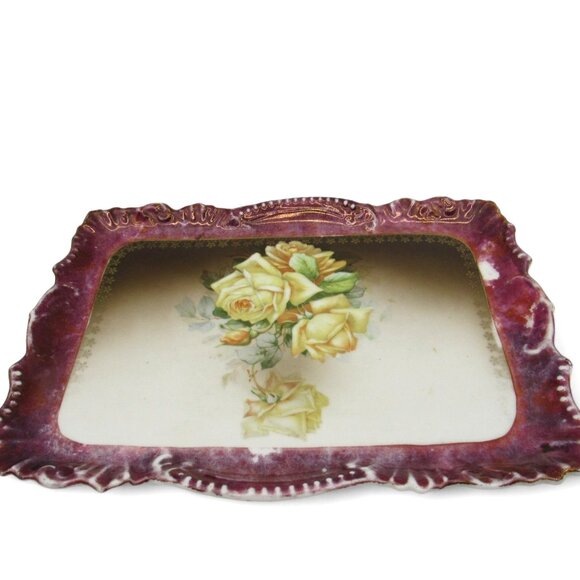 BAVARIA PORCELAIN Tray with Yellow Roses Scalloped Edges Germany Vintage - Picture 8 of 10
